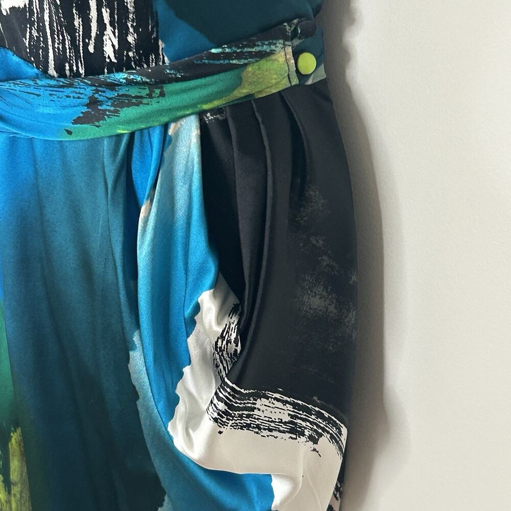 Black Halo Cocktail Dress Size 4 Silk Abstract One Shoulder Ruched Blue Black - Picture 3 of 11